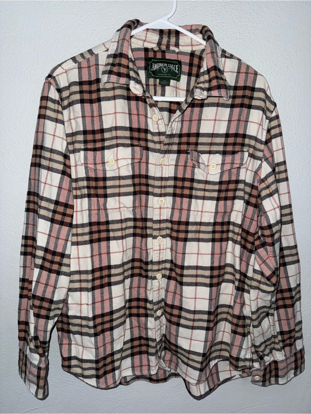 American Eagle Outfitters Pink and Cream Plaid Flannel Button-Down Shirt